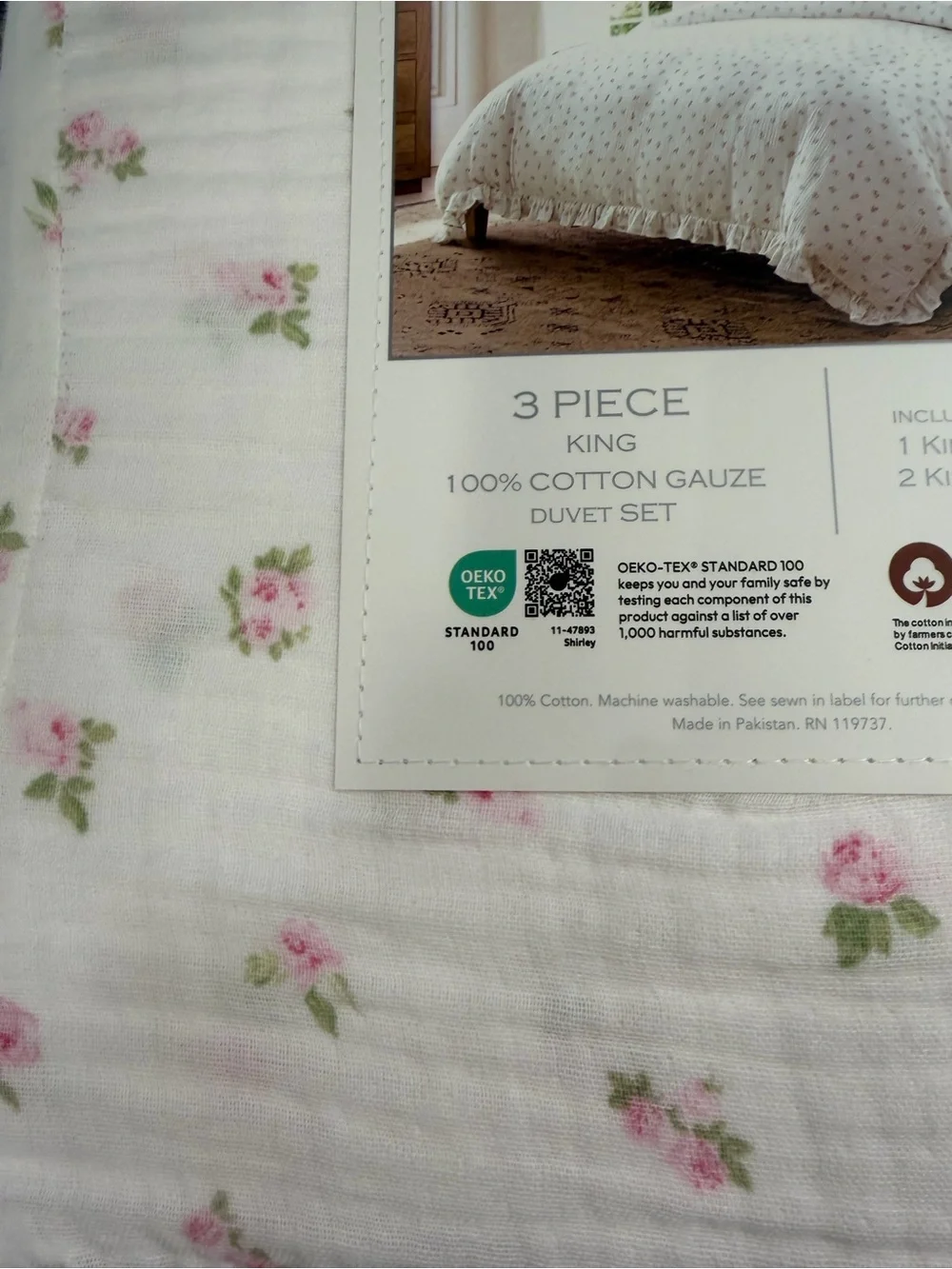 Shabby Chic Pink 3 PC King Gauze Duvet Set Pink Rose with Ruffles ~ Matching Bag - Picture 7 of 16